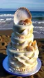 Placeholder: birthday cake shaped like a shell, decorated with shells and candles, in Hawaii beach, hyper realistic, in broad daylight, intricate details