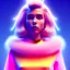 Placeholder: blonde woman teenager, gold teeth, feather sweater, purpurin, retro futuristic, latex dress, gradient color, BLUE, PINK, CYAN, neon, insanely detailed, 16k resolution, perfect eyes, cinematic smooth, intricate detail