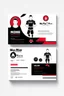 Placeholder: business card layout for a gym instructor, red and black, vector art with gym mechines, white background with email, address, phone number and Instagram icons