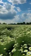 Placeholder: Field of of white flowers with light green clouds in the background