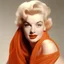 Placeholder: A photograph of marilyn monroe, with doll face, with spiky hair, no make up, in the style of milton greene, a pale orange silk scarf around her shoulders, white bacground