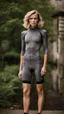 Placeholder: photography of a beautiful anorexic woman, grey satin triathlon top, sports illustrated, blond short wavy bob haircut, pronounced sternum, flat chest, anthracite cycling leggins