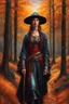 Placeholder: create a classical-abstract-realist sci-fi fantasy full body portrait painting of a nomadic tribal shepherdess with highly defined facial features, in an autumnal northern forest in the style of Donato Giancola, Hans Memling, Titian, and Caravaggio, 8k, highly detailed, otherworldly and fantastic