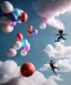 Placeholder: Ultra realistic speed clouds sky scene, wide angle view, strong men falling down with many Childs, circus clothing style, feather color clothing, free jumping flying, many trinkets, hair monster, many jelly beans, balls, color smoke, smile, happy, extreme, wind, clouds sea, 20,000 feet altitude, stratosphere, soft color, highly detailed, unreal engine 5, ray tracing, RTX, lumen lighting, ultra detail, volumetric lighting, 3d, finely drawn, high definition, high resolution.