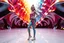 Placeholder: beautiful lady with to days modern clothing and sport shoes, in surreal stage made of 3d fractal random size recursive objects with helical strip colors in clothing similar to environment full body dancing to camera,animating background metallic random color size recursive objects