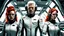 Placeholder: Photorealistic picture of a man in a flight suit with two tall, slender female androids in biosuits, one with red hair and one with white hair, standing on the bridge of a spaceship.
