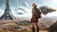 Placeholder: A photorealistic image of a slender 60-year-old woman, in brown shorts, a shirt and boots, with a backpack, standing on a hill looking down on a futuristic derelict sci-fi spaceport with spaceships and alien buildings.