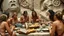 Placeholder: A stone-age feast, Paleolithic banquet, stone utensils, Neanderthal topless women, award-winning photograph, exquisite detail and realism