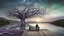 Placeholder: back to the camera a figure sittings on amorph bench in a beautiful landscape and overlooking the water of the nearby lake, calm, harmonious atmosphere, muted dark colors, purple, white, gray, green, blue, brown, silver, black , ,not too colorful colors, Whimsical style and giant stunning neuron network all over the sky, half shadow and half light picture, surreal stunning vibe