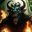 Placeholder: [a scene of Pan's Labyrinth (2006): summoning a devil] a low angle view with bokeh effect capturing the monstrous Laughing monster in all its fearsome glory. Smoke billows menacingly from its nostrils, swirling around its grotesque visage, while flames rage fiercely from its gaping maw, casting an eerie glow against the darkening sky. The Laughing monster's wicked laughter echoes through the valley, sending shivers down the spines of all who behold its menacing form.