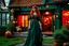 Placeholder: Full body shot of a tall slim pretty, red-headed young female witch, casting magical glowing symbols into the air, dressed in a long flowing green dress, standing in front of a row of cottages and shops with thatched roofs