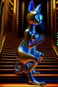 Placeholder: chrome chat robot cat woman creating crazy revenue in the style of escher and giger, spray paint, photo realism, trending on art station, 8k, depth of field, down light, light rays, volumetric, reflective spiral staircase, blue, brown and orange