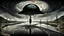 Placeholder: painted inner world with neurodivergens mind and soul, floating doors over surreal cracked weird landscape . one thin bridge over big black river, alone human woman figure black shilutte in big hat in neuoron web. deep dark colors, with silver and black. Whimsical strange style of Chagall, and of Anton Semenov. weird absurd beauty nightmare, black shadows, in background cyber neuronic network, surreal vibe, nightmare