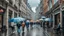 Placeholder: Rainy day on a busy European street with buildings, parked bicycles, and people with umbrellas