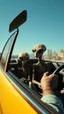 Placeholder: aliens sitting in an taxi car and the driver looking at them in the mirror