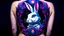 Placeholder: An amazing dark psytrance art tattoo of the White Rabbit from Twisted Alice in Wonderland on a human back, on a dark background under UV light, vivid and vibrant neon tattoo ink, detailed, intricate, high contrast.