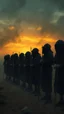 Placeholder: Bosch painting style nightmare , 3D ,a group of prisoners slave in black tied together in line in a dramatic misty scene of the sunset time in a stormy weather in the desert background, high Quality picture , 8k