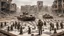 Placeholder: Israeli soldiers and tanks stand on a very large chessboard in the middle of a destroyed city