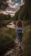 Placeholder: full body shot of a very beautiful lady curly hair, walks in the country side with a narrow river with clean water and nice rocks on floor. The trees and wild flowers pretty country houses ,nice cloudy sky.