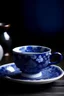 Placeholder: Sipping Serenity Alone is my topic for craft. i need the image of porcelain cup in a blue pottery form which show that loneliness, depression and polite. image should give the message of stress and bored person like have smoe craks