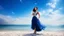 Placeholder: very nice real face beautiful sexy roman with make up at the beach standing pose in a short lace dark blue and silver dress, full body, 3D coudy sky volumetric nice clouds 8k sharp focus