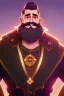 Placeholder: Bearded strong man wearing a thick fur-lined merchant's coat, wearing gold rings, divine, halo, happy smiling, portrait, high definition, realistic, long hair, dynamic lighting, volumetric lighting, mustache