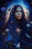 Placeholder: angelical indigenous , long hair, blue eyes, flowers, stars, galaxy, forest, birds