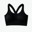 Placeholder: Folded Cross-back sport bra, top view, flat lay, realistic, active wear, black smooth material, round neck, cross-back with four spaghetti straps,