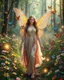 Placeholder: Beautiful Lady Fairy smiling walk in forest with flowers and many colourful butterflies and fireflys, photography art