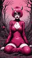 Placeholder: Goth Asian woman, lying pose, rabbit mask, pink short hair, latex suit, highly detailed, fullbody, splashes blood, behind guts rising from the ground, papercut illustration by <John Kenn Mortensen>, darkred tones,