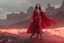 Placeholder: Wanda Maximoff, feiticeira escarlate usando traje vermelho de vestido, destruindo a realidade, governando o mundo, destruição, 4k render, dramático, cinematográfico, poderes destruindo tudo, expressão brava