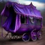 Placeholder: Old fashioned purple, blue and pink gypsy wagon decorated, curtains fluttering in the wind