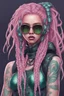 Placeholder: entire body mermaid cyberpunk some fish scales on face pink hair dreadlock sunglasses