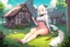 Placeholder: Farm, green grass, house, girl,white hair , sit on grass, cow's tail, cow's horne , cow's under, pink stomach, sweats