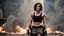 Placeholder: beautiful slender caucasian female technician with a knife, black tank top, well toned muscles, weathered face, scratched sand camo metal details, short brunette wavy bob haircut, dystopian, postapocalyptic city scene with smoke and explosions. giant robot in the background