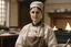 Placeholder: ww1 woman cook talking close-up standing up looking to the camera, ww1 mansion kitchen background