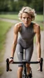 Placeholder: photography of a beautiful anorexic woman, grey satin triathlon top, sports illustrated, blond short wavy bob haircut, pronounced sternum, flat chest, anthracite cycling leggins