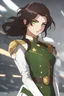 Placeholder: Woman with dark brown hair, vivid green eyes, futuristic white and gold military uniform, smirking, urban background, RWBY animation style