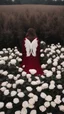 Placeholder: White wings, scissors, red dress in the middle of a field of white roses. Cinematic photo from above