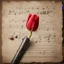 Placeholder: Hyper realistic red tulip on the side of a vintage paper with harmonica instrument & small musical notes