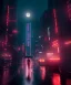 Placeholder: circular white moon, 3D, beautiful, light reflecting, empty city, midnight, rainy night, neon, cyberpunk, person walking