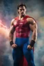 Placeholder: fChristopher Reeve/Henry Cavill Superman, new 52, extremely huge, overexaggerated muscles, posing and flexing in a front of the camera, random extreme action poses, an extremely colorful, multicolored foggy blue marble wall in the background with a colorful marble tile floor, multicolored lightning,