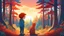 Placeholder: A little boy with red hair and glasses looks at a big cat in a beautiful multicolored forest, blue sky and beautiful sunset, cartoon, style