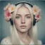 Placeholder: 2030s Polaroid head shot of a stunning young platinum straight haired woman,with freckles on her face, hair adorned with big flowers, red cheeks and nose, headphone