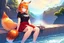 Placeholder: Girl, fox ears, one big fox tail, orange hair, red skirt, river, fox foot , sit on the shore, purple fox eyes, black T-shirt, wet, happy, fox paws foot