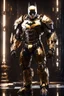 Placeholder: Batman mechanical robo warrior character, anthropomorphic figure, wearing futuristic mecha warrior armor and weapons, reflection mapping, realistic figure, hyperdetailed, cinematic lighting photography, 32k uhd with a golden staff, red lighting on suit