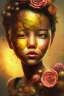 Placeholder: an abstract painting of rusted metal and flowers, sun set little baby goodess girl portrait, rust, scaffolding, iron cladding, decay, mixed media, textured, anatomically correct, beautiful perfect face, sharp focus, highly detailed