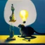 Placeholder: Abstract painting formed by a mix of human flesh-like surgical instruments and universe-like neuralink, a cat looking at a pigeon inside a huge bulb between light and shadow at dusk,surrealism,minimalism,Painting By Adrian Ghenie, Rene Magritte, Salvador Dali, Lucian Freud