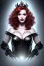 Placeholder: Christina Hendricks as evil queen in black leather gown, feminie, angry, stern look on her face, volouptous, busty, cleavage, emperious, mature unreal 5, octane render,cinema4d, dynamic lighting, dramatic lighting, 4k, redshift render, highly detailed, hyper realistic, in space