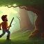 Placeholder: a man running with an axe in the forest by a campfire and stone wall, all in pixel art cartoony stile